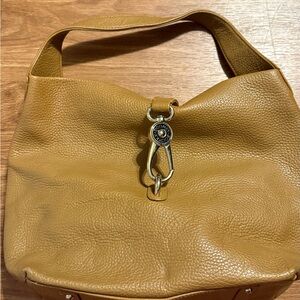 Dooney Bourke Brown Pebble Grain Leather Hobo Bag with Ostrich Logo Lock
